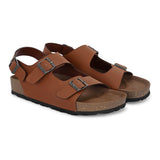 Tan Men's casual flat heel buckle strap sandal with back strap closure