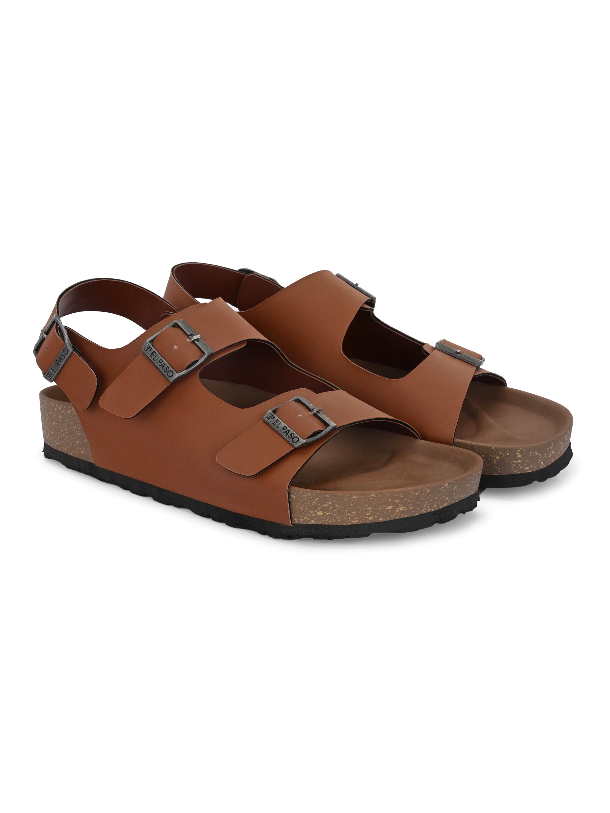 Tan Men's casual flat heel buckle strap sandal with back strap closure