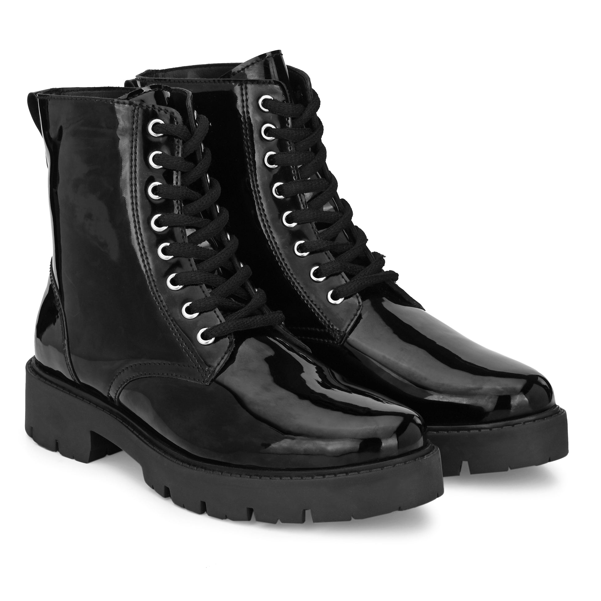 Shiny Black Lace-Up Block Heel Boots