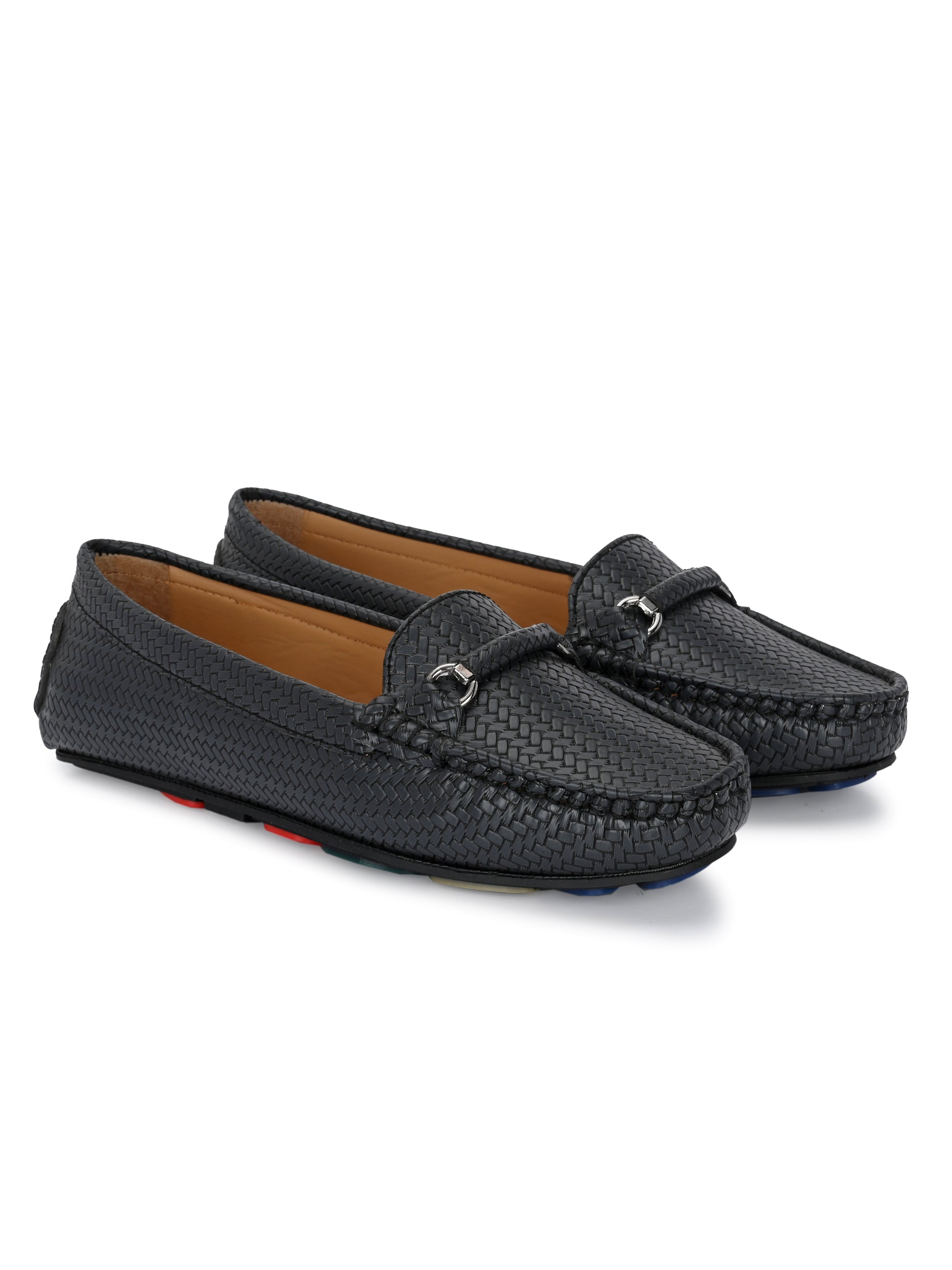 Black Textured Slip-On Loafers For Women 