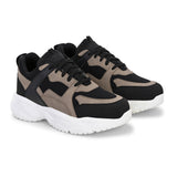 Stylish black and beige men mid-top chunky shoes with a modern chunky white sole, combining a sleek, contemporary design with a bold, fashionable look