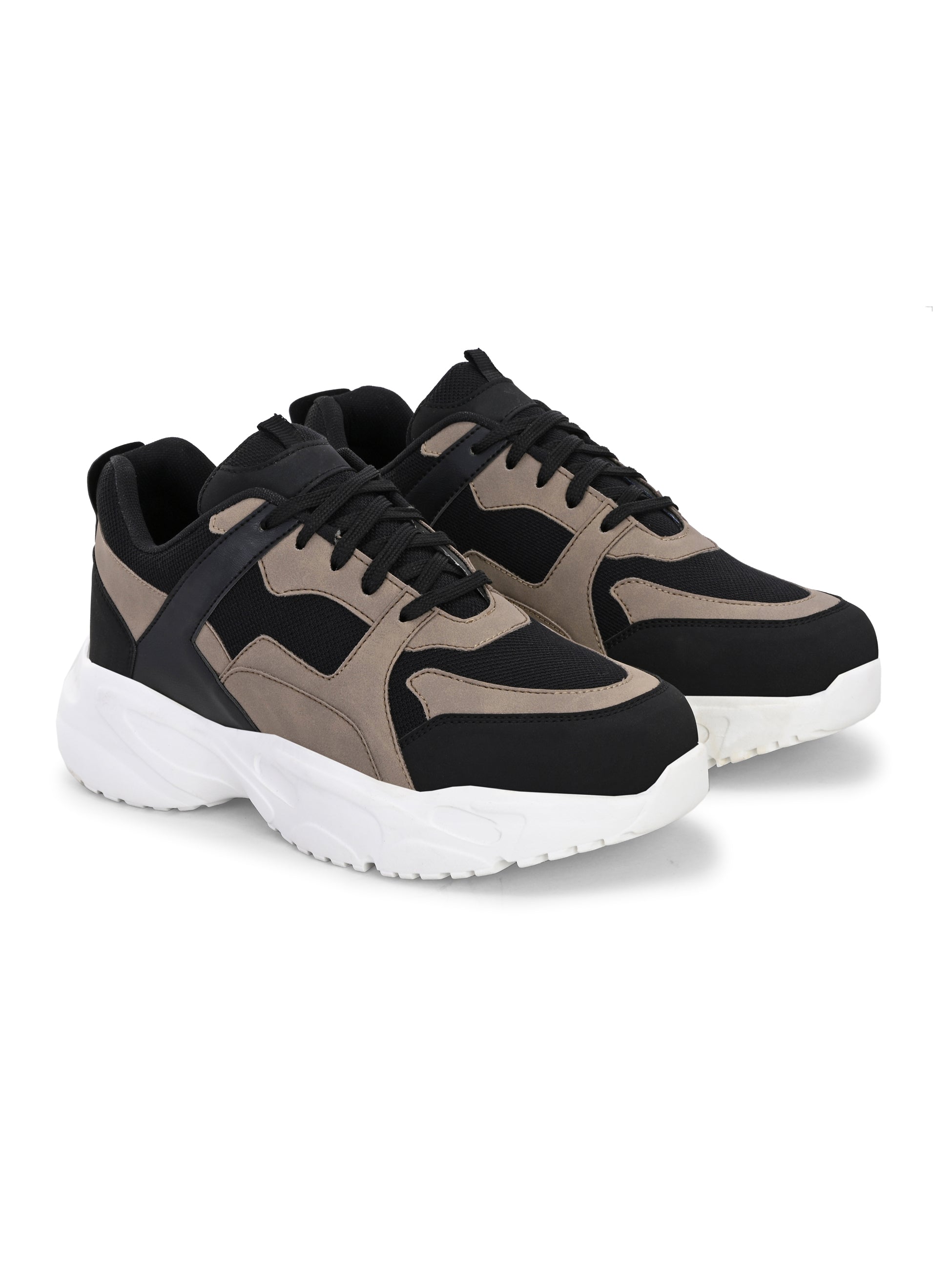 Stylish black and beige men mid-top chunky shoes with a modern chunky white sole, combining a sleek, contemporary design with a bold, fashionable look