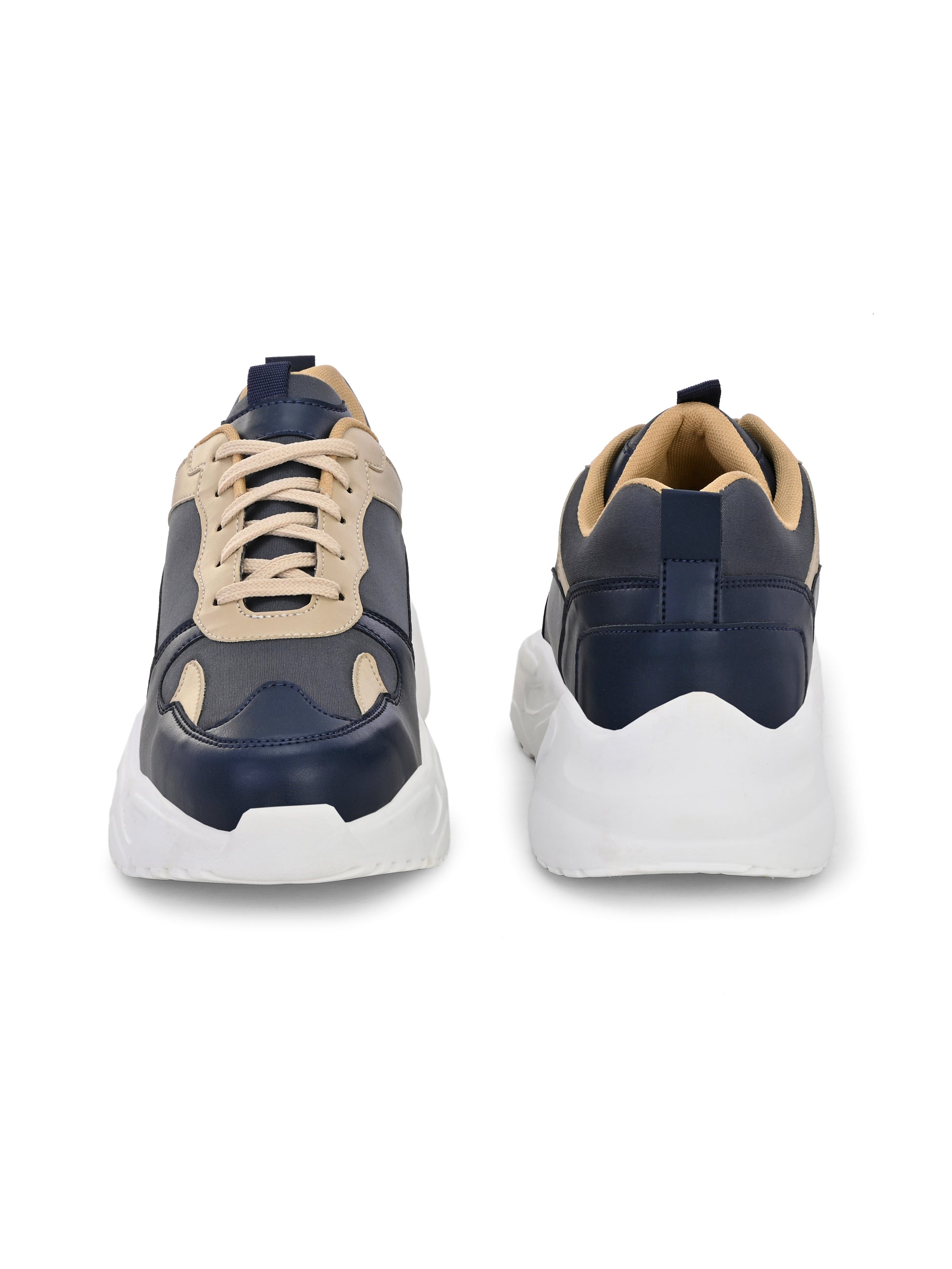 Navy blue and beige sneakers with a sleek design and durable chunky sole.