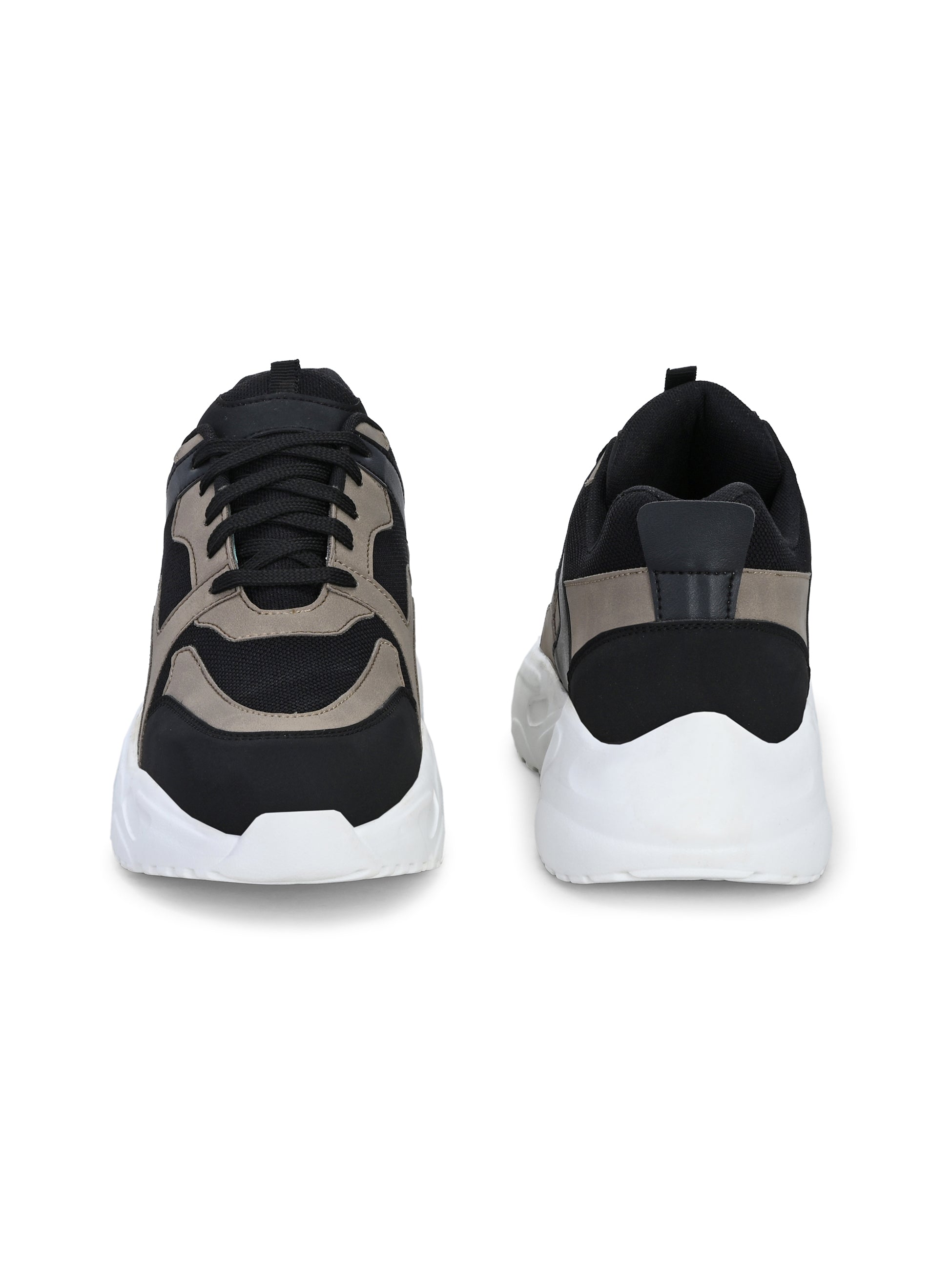 Stylish black and beige men mid-top chunky shoes with a modern chunky white sole, combining a sleek, contemporary design with a bold, fashionable look