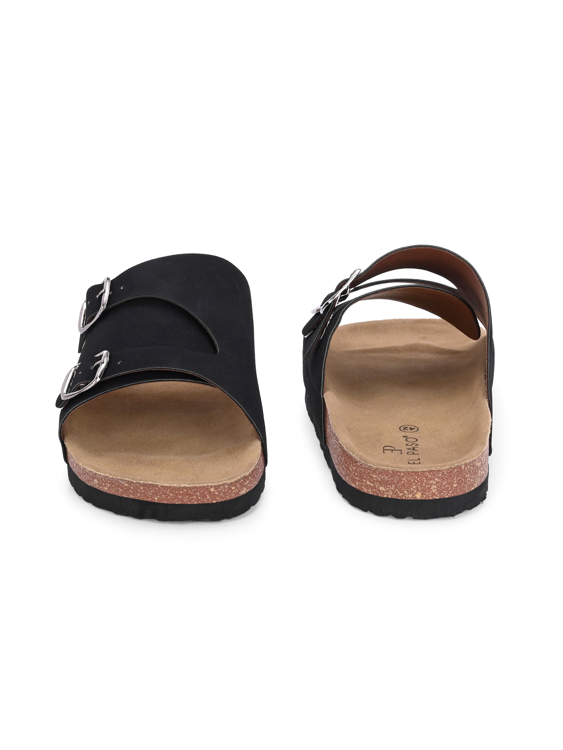 Men's casual Dark Black sandals with slip-on style and buckle strap