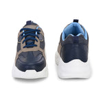 Navy blue and beige sneakers with a sporty chunky white sole