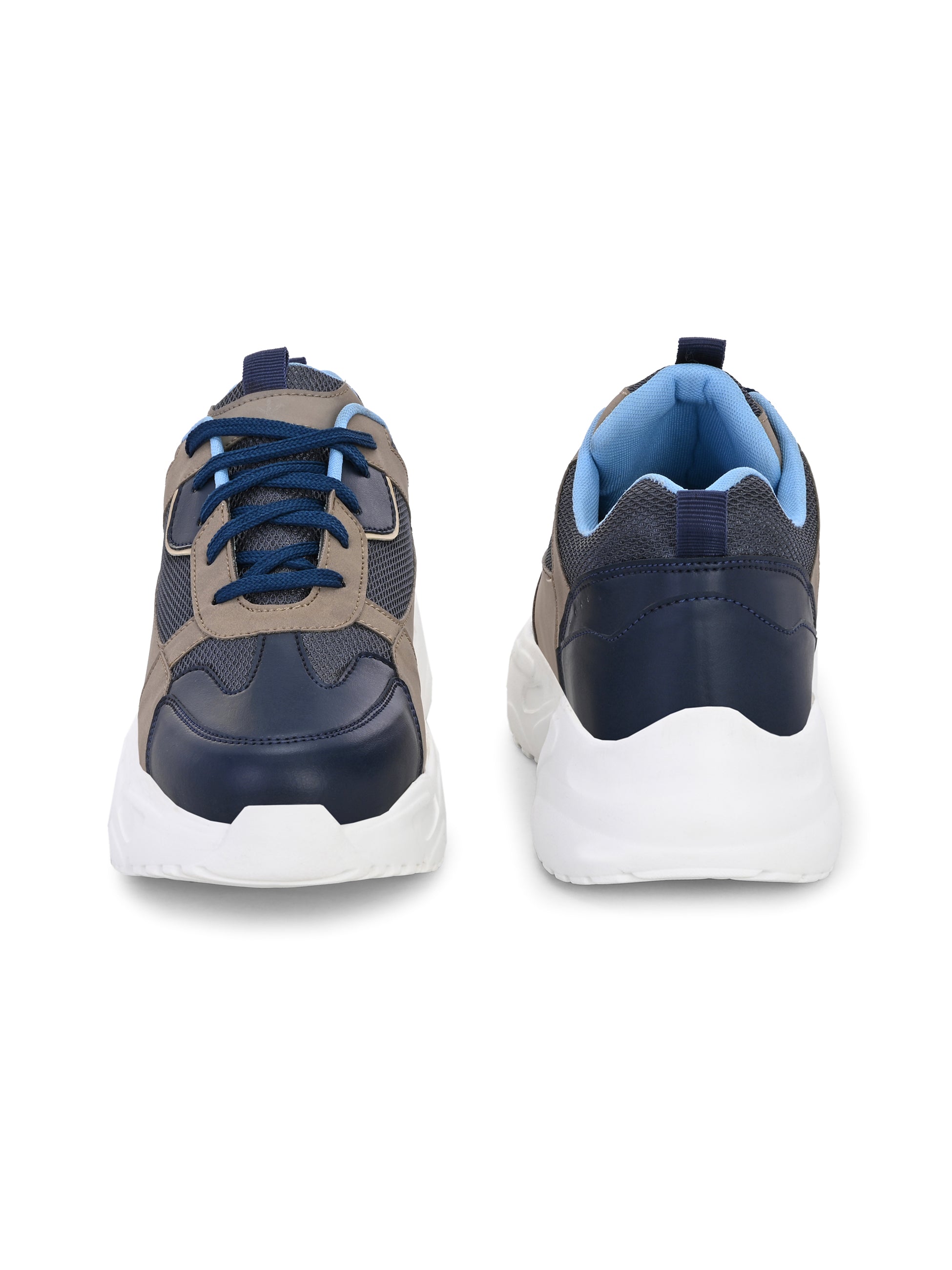 Navy blue and beige sneakers with a sporty chunky white sole