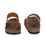 Tan Men's casual flat heel one-toe buckle strap closure sandal