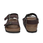 Brown Men's casual flat heel buckle strap sandal with back strap closure 