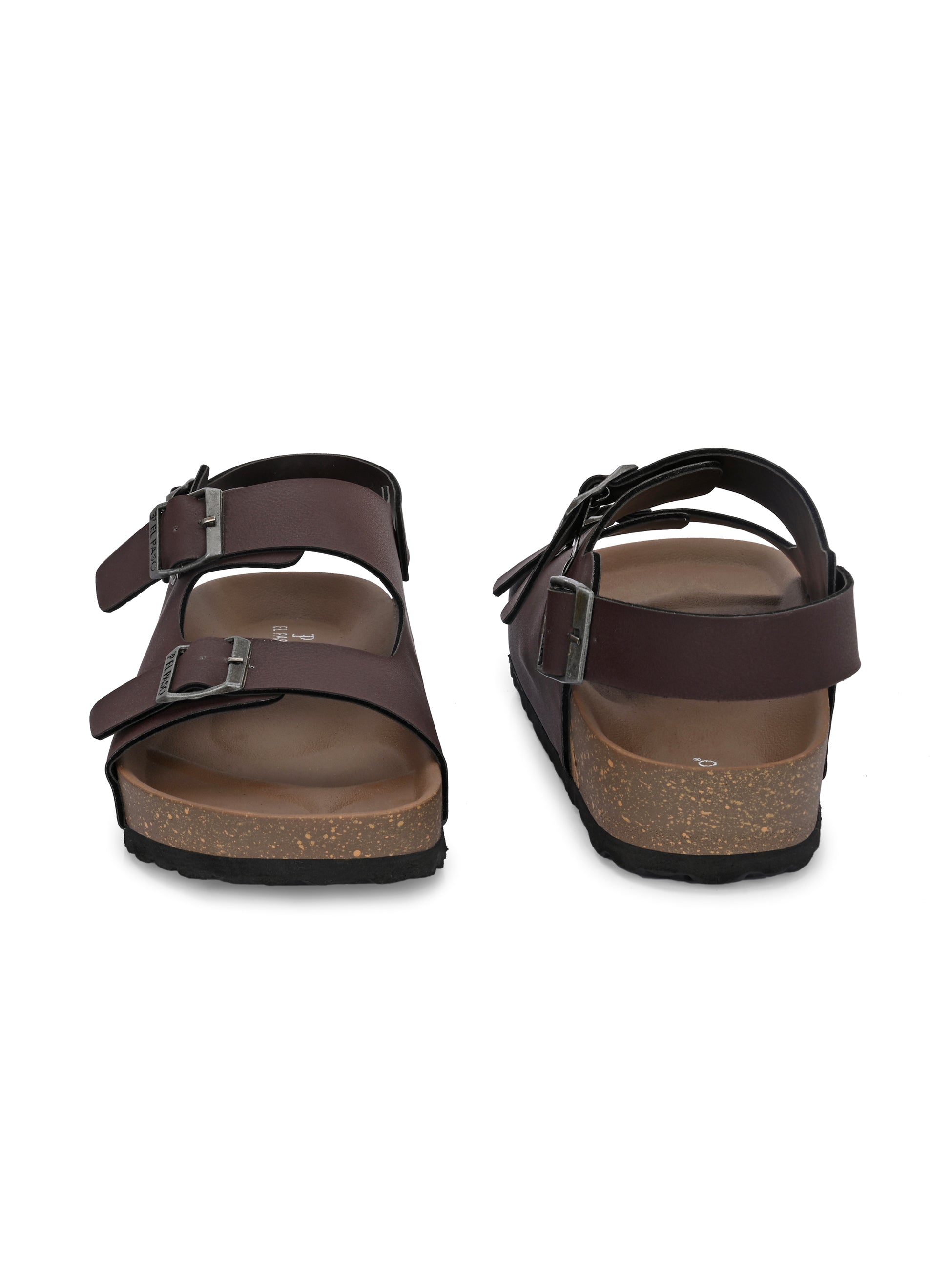 Brown Men's casual flat heel buckle strap sandal with back strap closure 