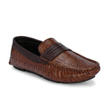 Brown Sleek Textured Platform Heel Slip-On Loafer Shoes Croc Luxe Moccasin for Men.