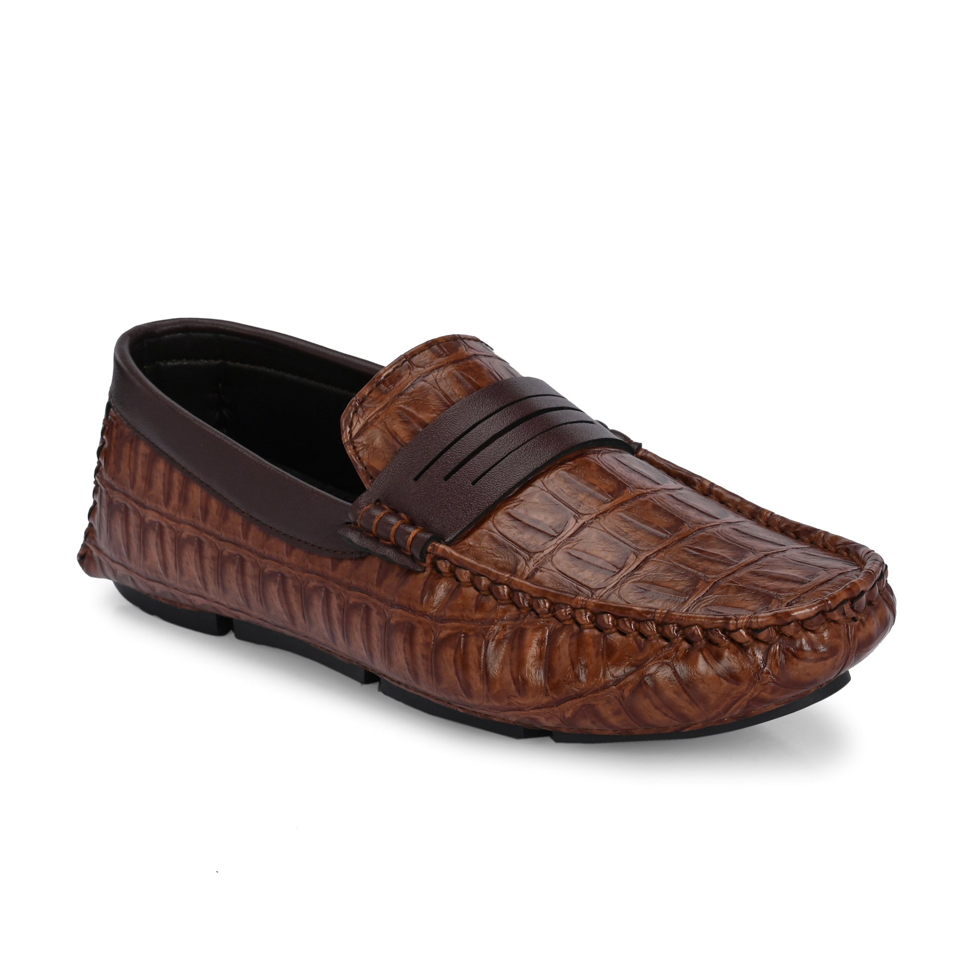 Brown Sleek Textured Platform Heel Slip-On Loafer Shoes Croc Luxe Moccasin for Men.