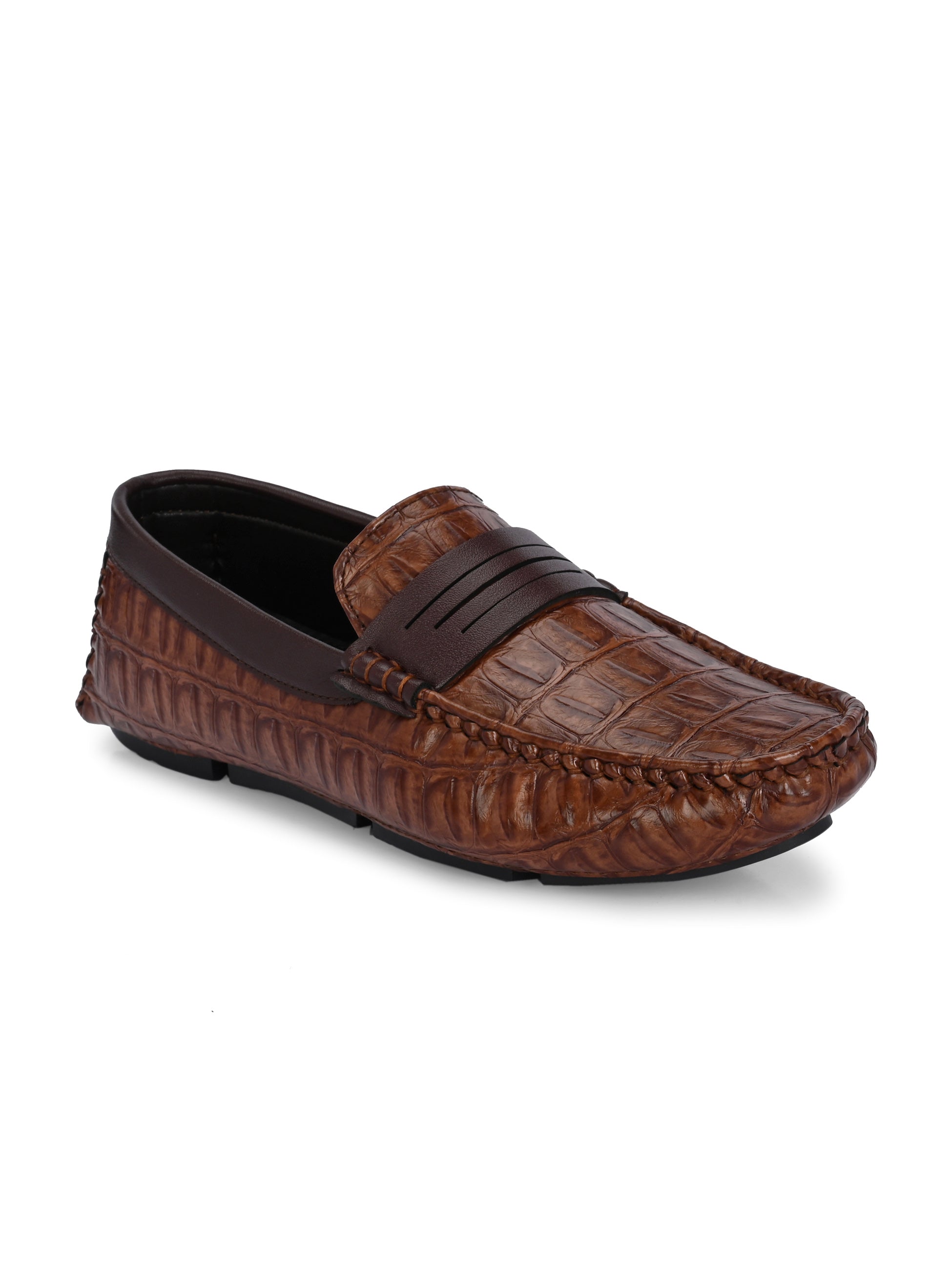 Brown Sleek Textured Platform Heel Slip-On Loafer Shoes Croc Luxe Moccasin for Men.
