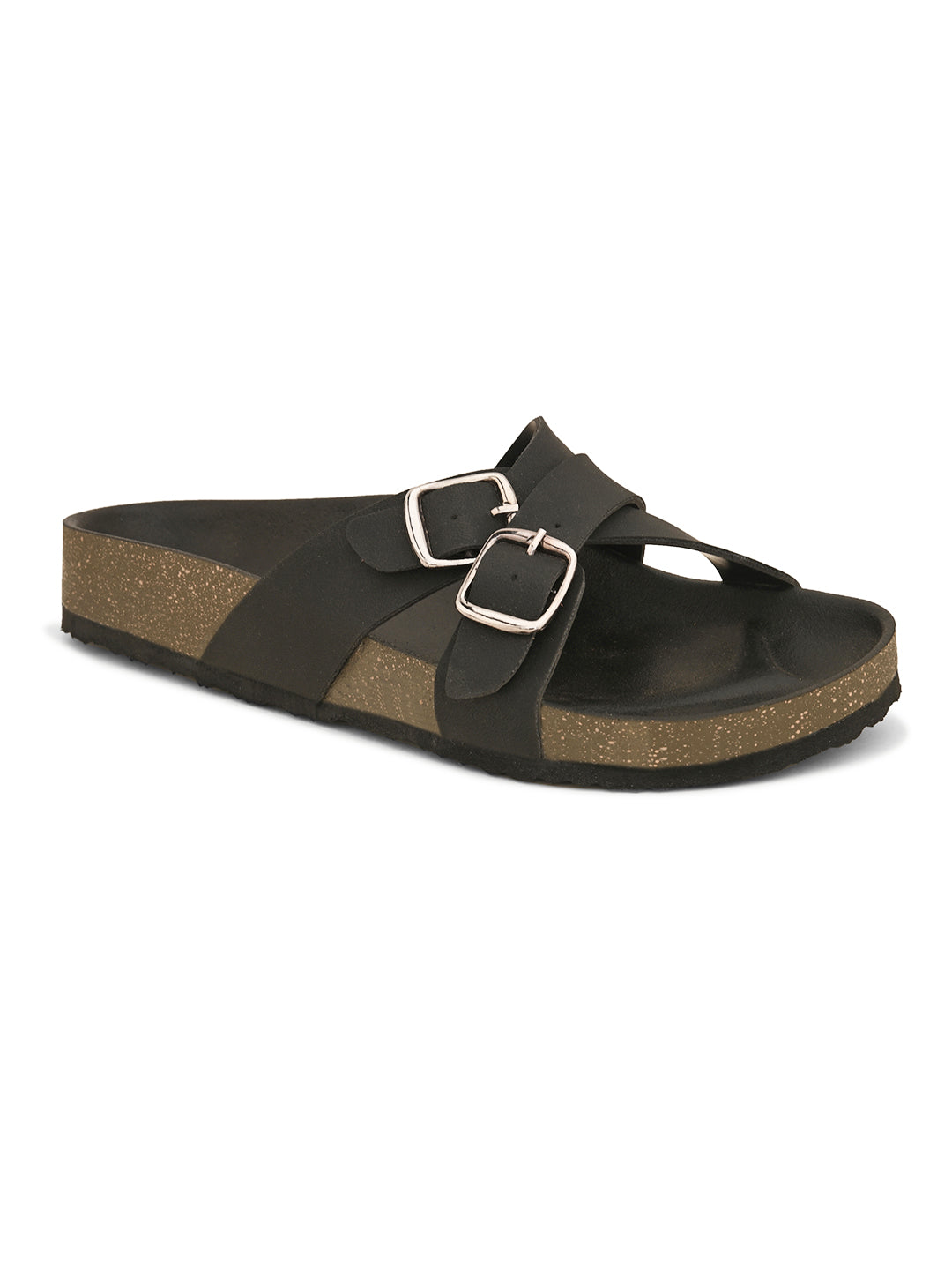 Black slip-on flats, showcasing its design and material details.