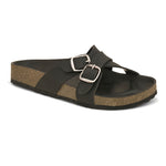 Black slip-on flats, showcasing its design and material details.