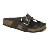 Black slip-on flats, showcasing its design and material details.