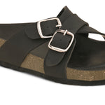 Black slip-on flats, showcasing its design and material details.