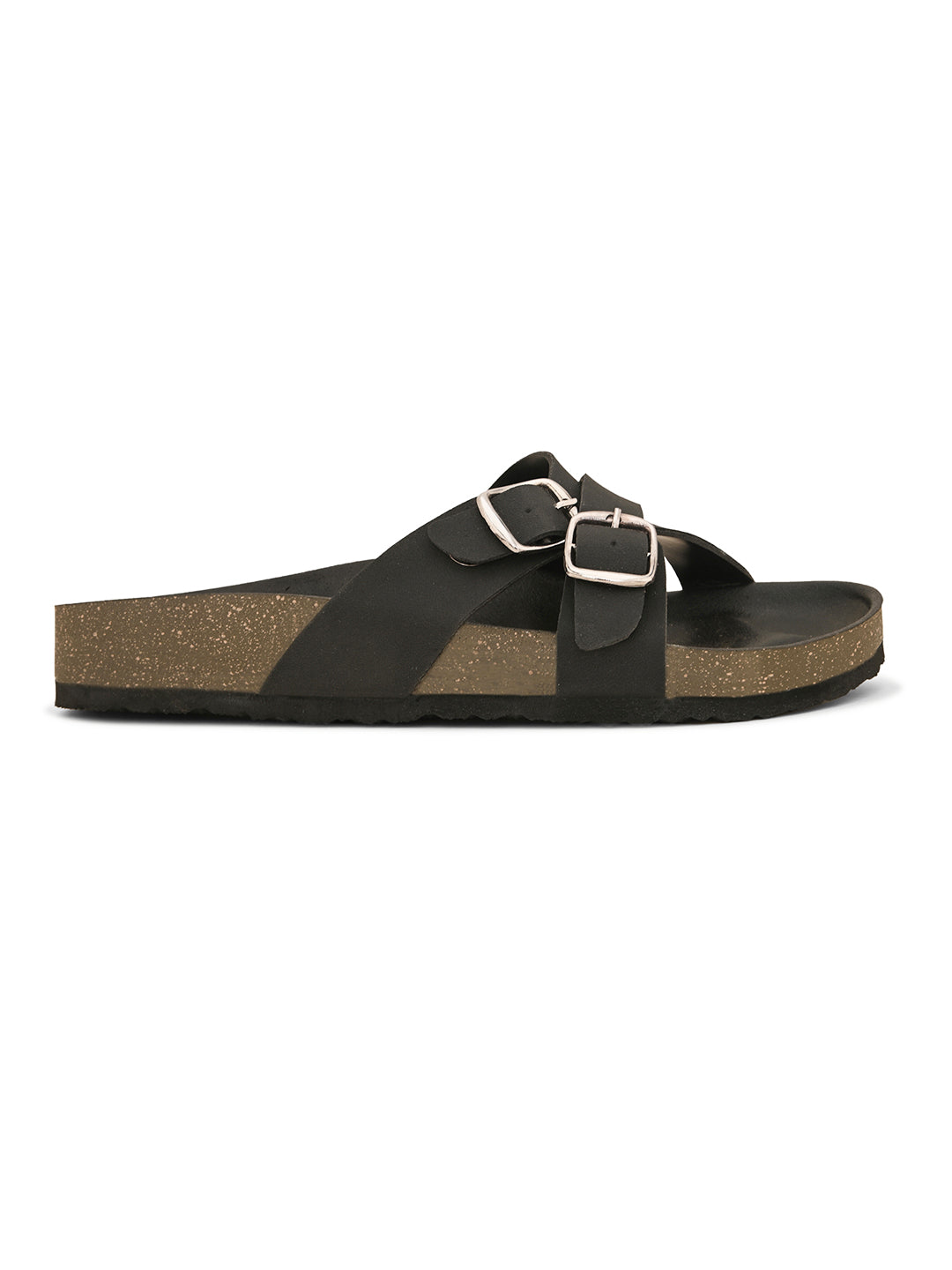 Black slip-on flats, showcasing its design and material details.