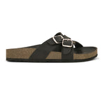 Black slip-on flats, showcasing its design and material details.