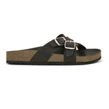 Black slip-on flats, showcasing its design and material details.