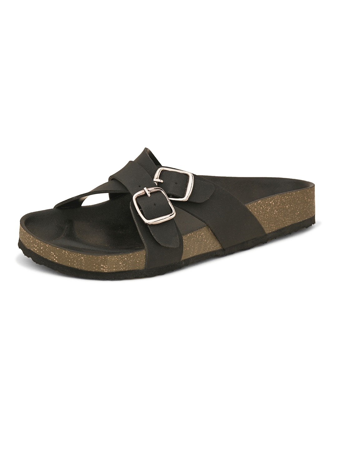 Black slip-on flats, showcasing its design and material details.