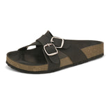 Black slip-on flats, showcasing its design and material details.