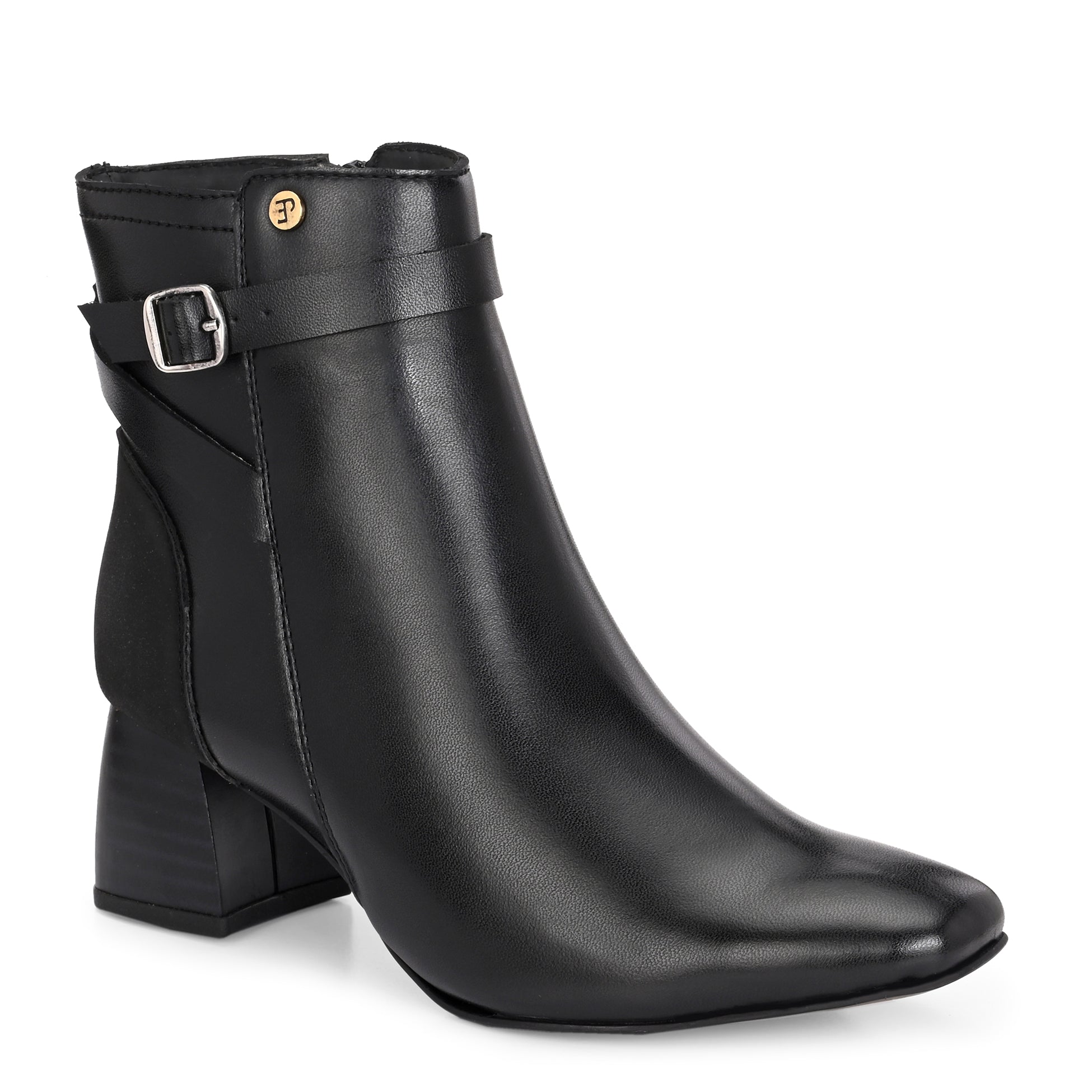 Black leather ankle boots with a block heel, buckle strap, and gold detailing, perfect for casual and formal wear.