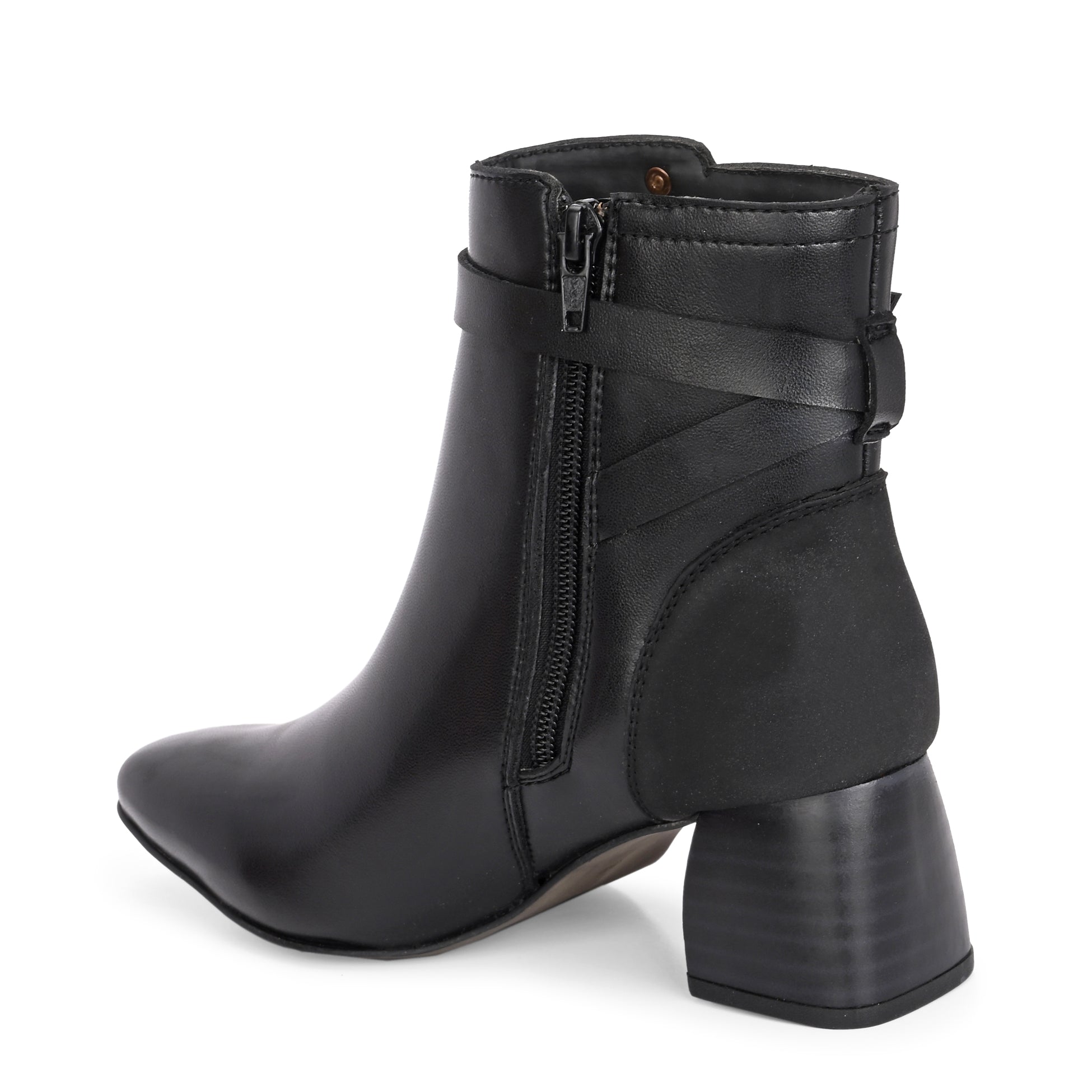 Black leather ankle boots with a block heel, buckle strap, and gold detailing, perfect for casual and formal wear.