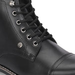Men's black leather lace-up block-heeled boots with metal eyelets, stitched detailing, and a low heel.