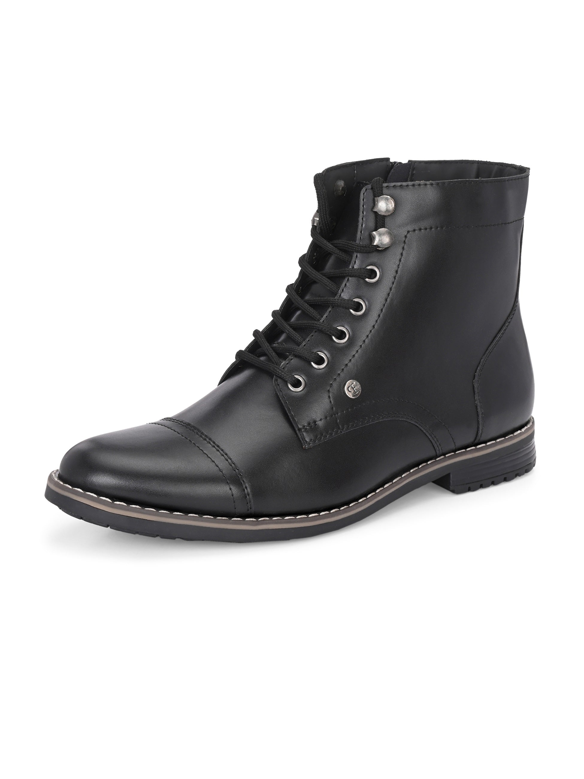 Men's black leather lace-up block-heeled boots with metal eyelets, stitched detailing, and a low heel.