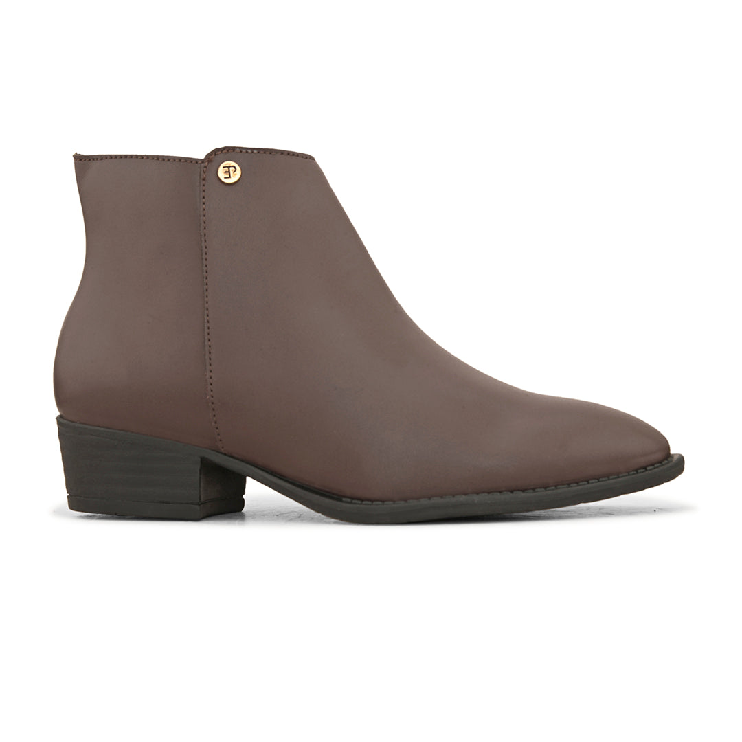 Brown leather boot with a pointed toe, side zipper, and low block heel.
