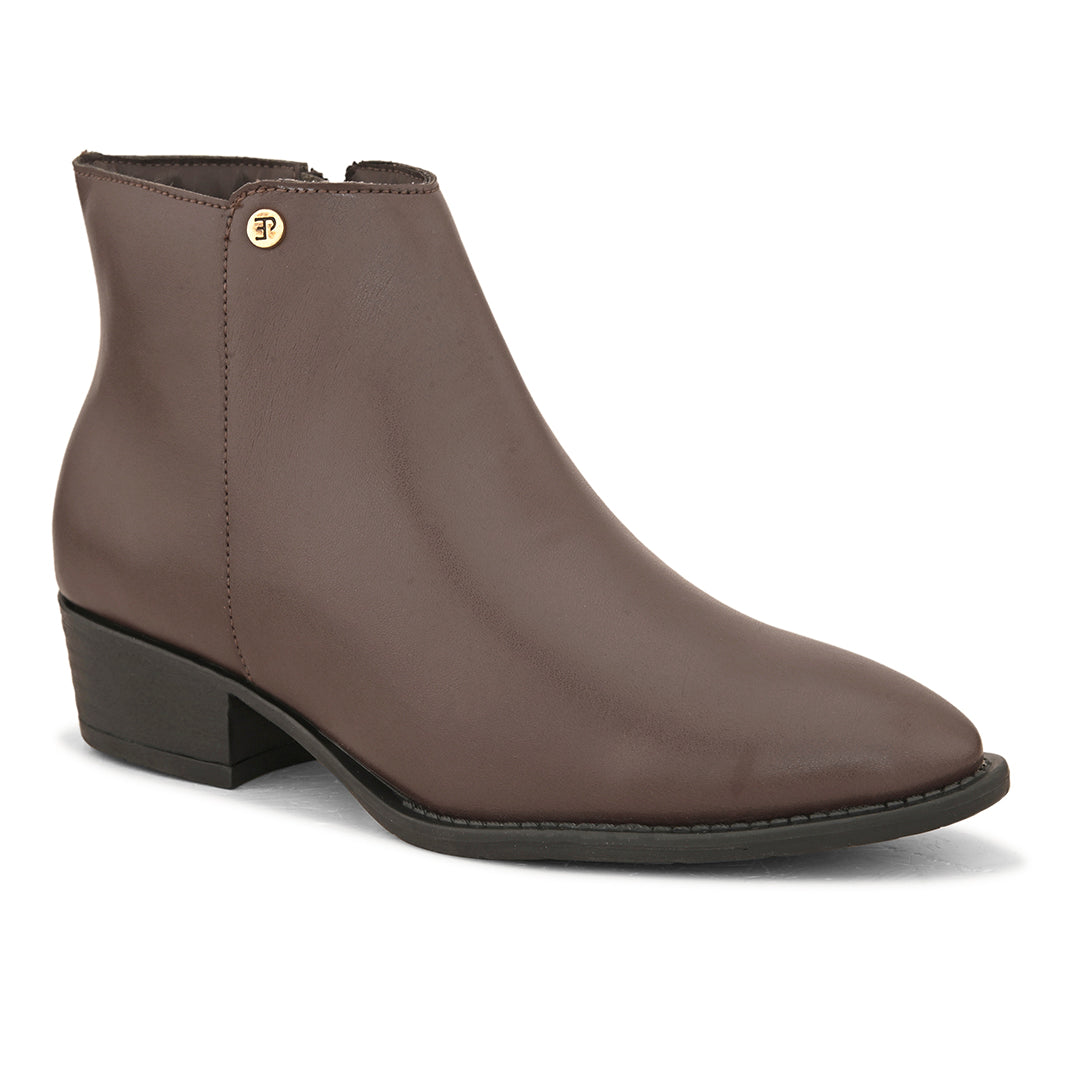 Brown leather boot with a pointed toe, side zipper, and low block heel.