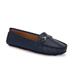 A stylish navy-blue casual slip-on loafer for women with a textured crocodile-pattern design, featuring a metallic buckle detail on the upper and colorful accents on the outsole.