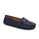 A stylish navy-blue casual slip-on loafer for women with a textured crocodile-pattern design, featuring a metallic buckle detail on the upper and colorful accents on the outsole.