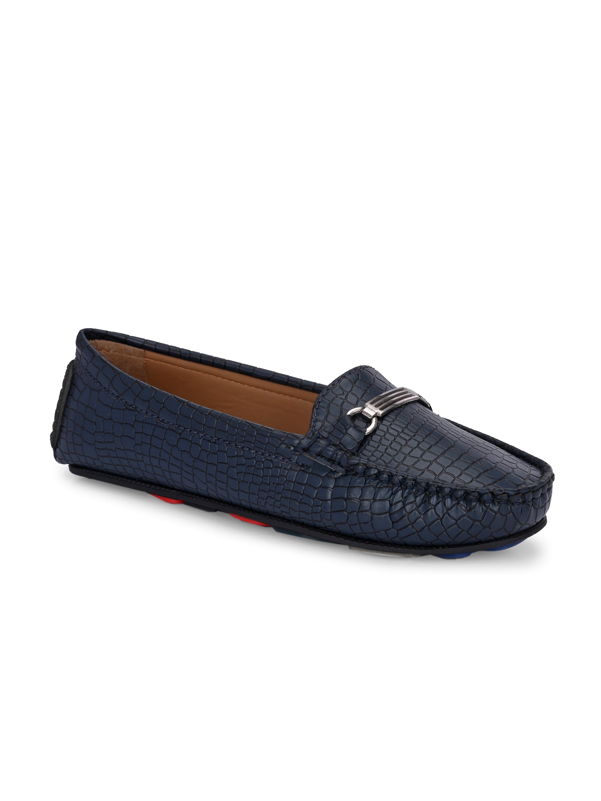 A stylish navy-blue casual slip-on loafer for women with a textured crocodile-pattern design, featuring a metallic buckle detail on the upper and colorful accents on the outsole.