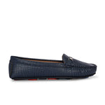 A stylish navy-blue loafer with a textured crocodile-pattern design, featuring a metallic buckle detail on the upper and colorful accents on the outsole.