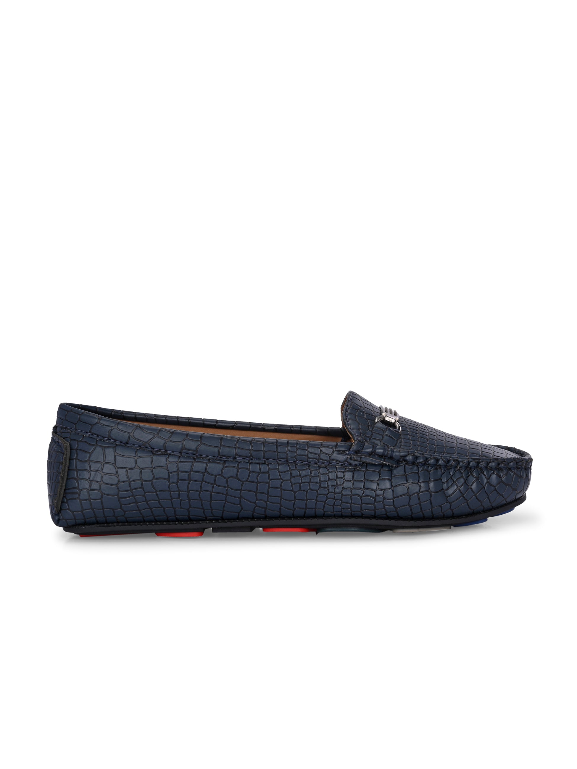 A stylish navy-blue loafer with a textured crocodile-pattern design, featuring a metallic buckle detail on the upper and colorful accents on the outsole.