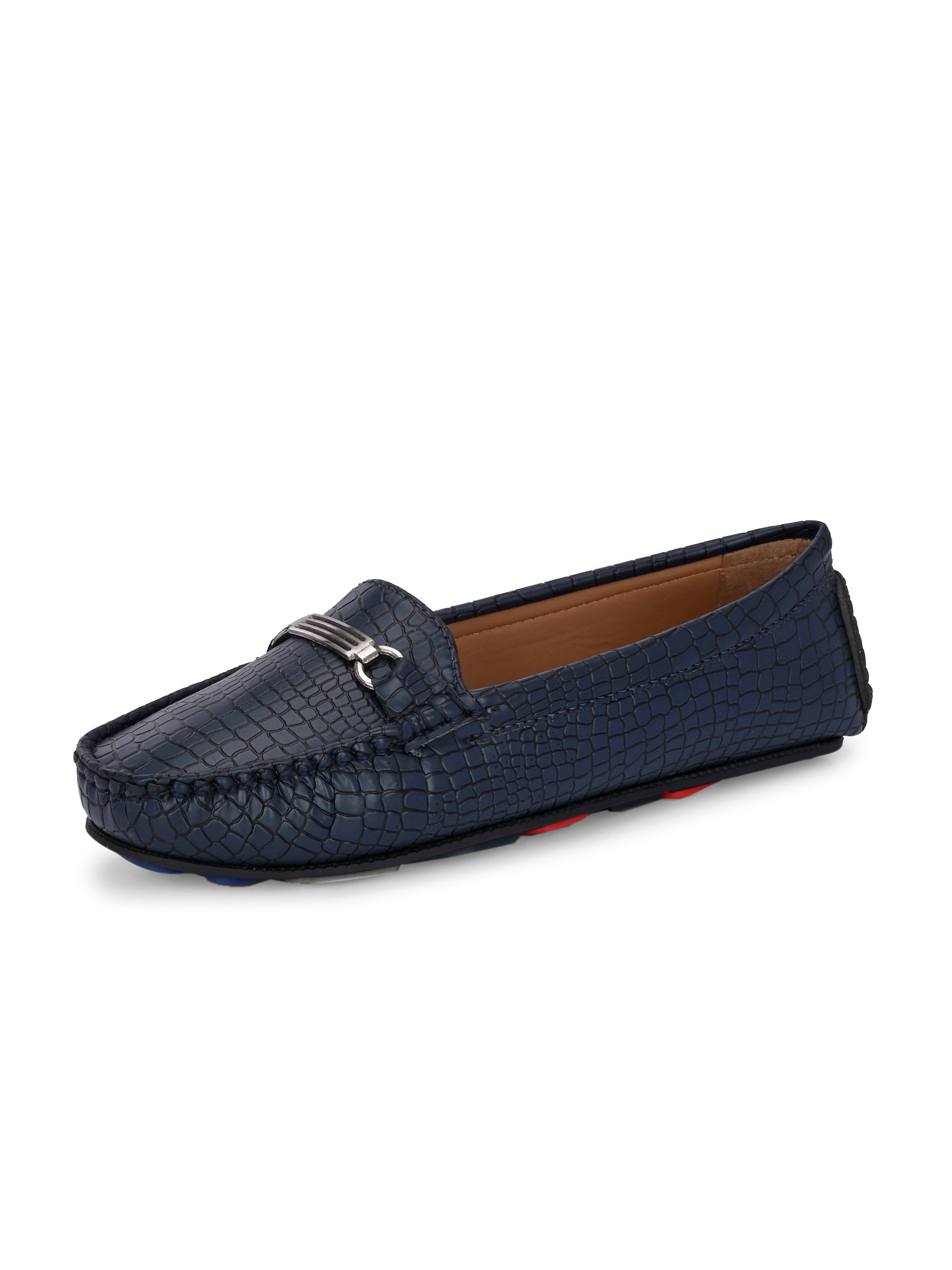 A stylish navy-blue loafer with a textured crocodile-pattern design, featuring a metallic buckle detail on the upper and colorful accents on the outsole.