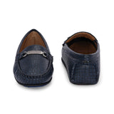 A stylish navy-blue loafer with a textured crocodile-pattern design, featuring a metallic buckle detail on the upper and colorful accents on the outsole.