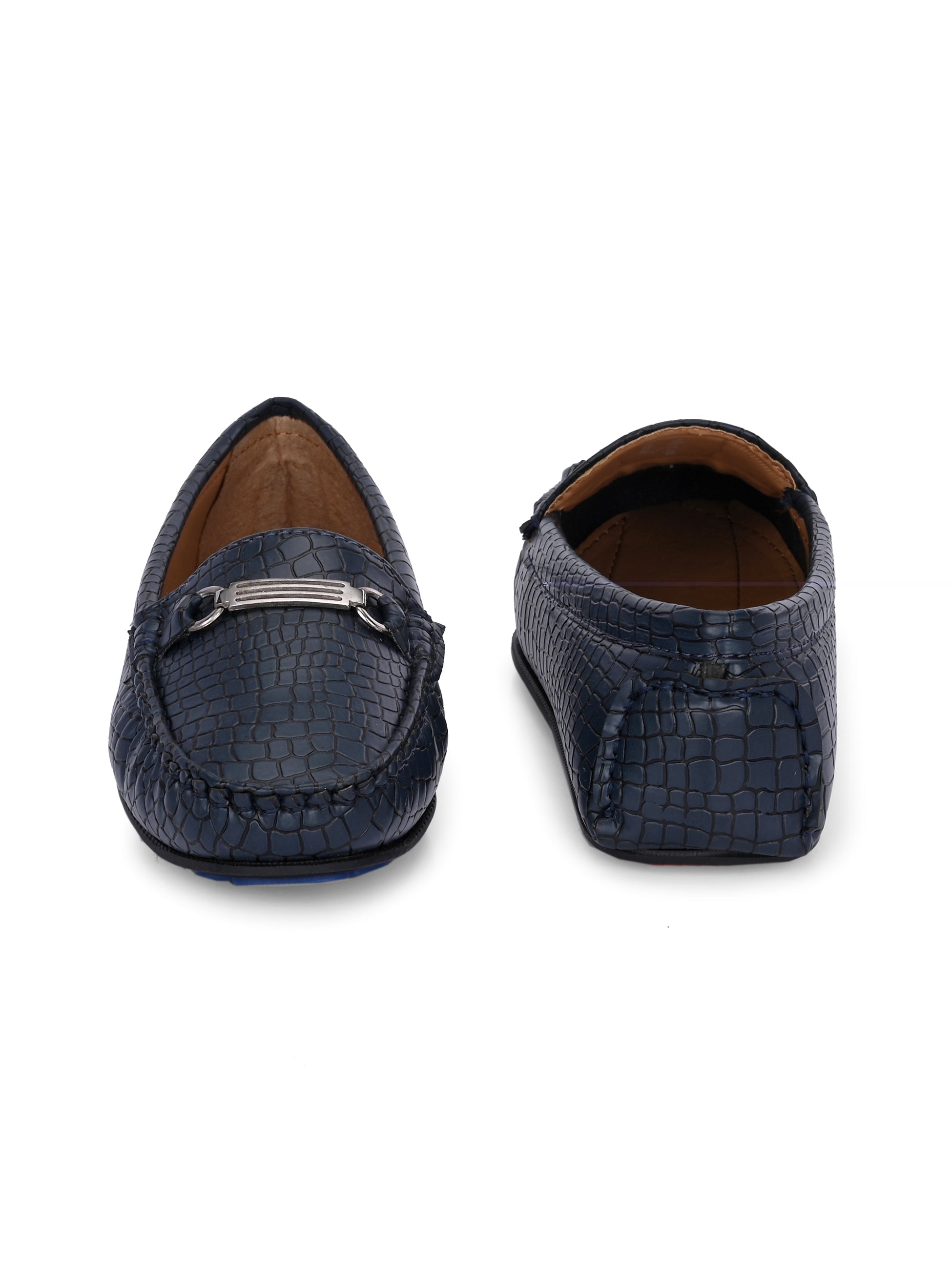 A stylish navy-blue loafer with a textured crocodile-pattern design, featuring a metallic buckle detail on the upper and colorful accents on the outsole.