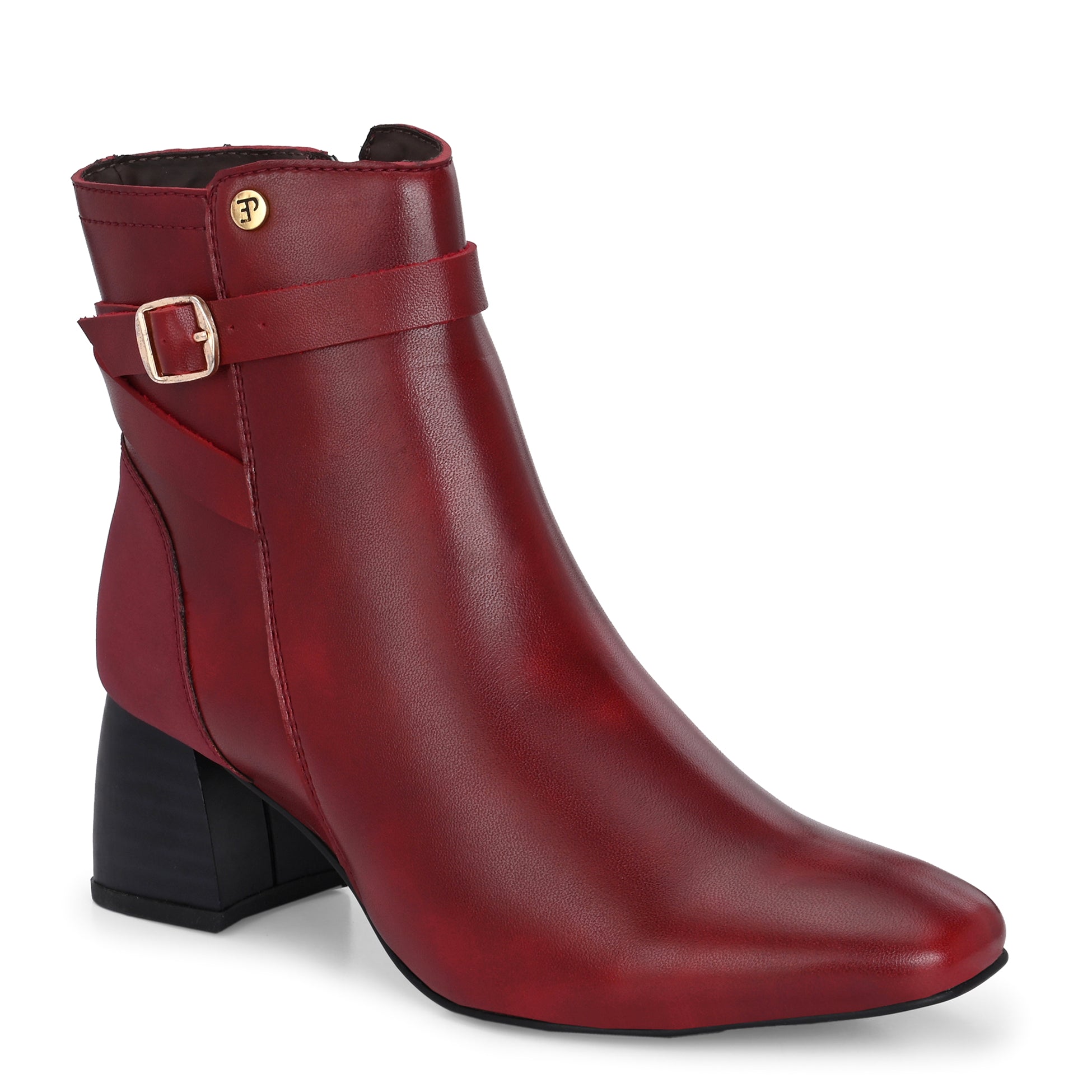 Cherry leather ankle boots with a block heel, buckle strap, and gold detailing, perfect for casual and formal wear.