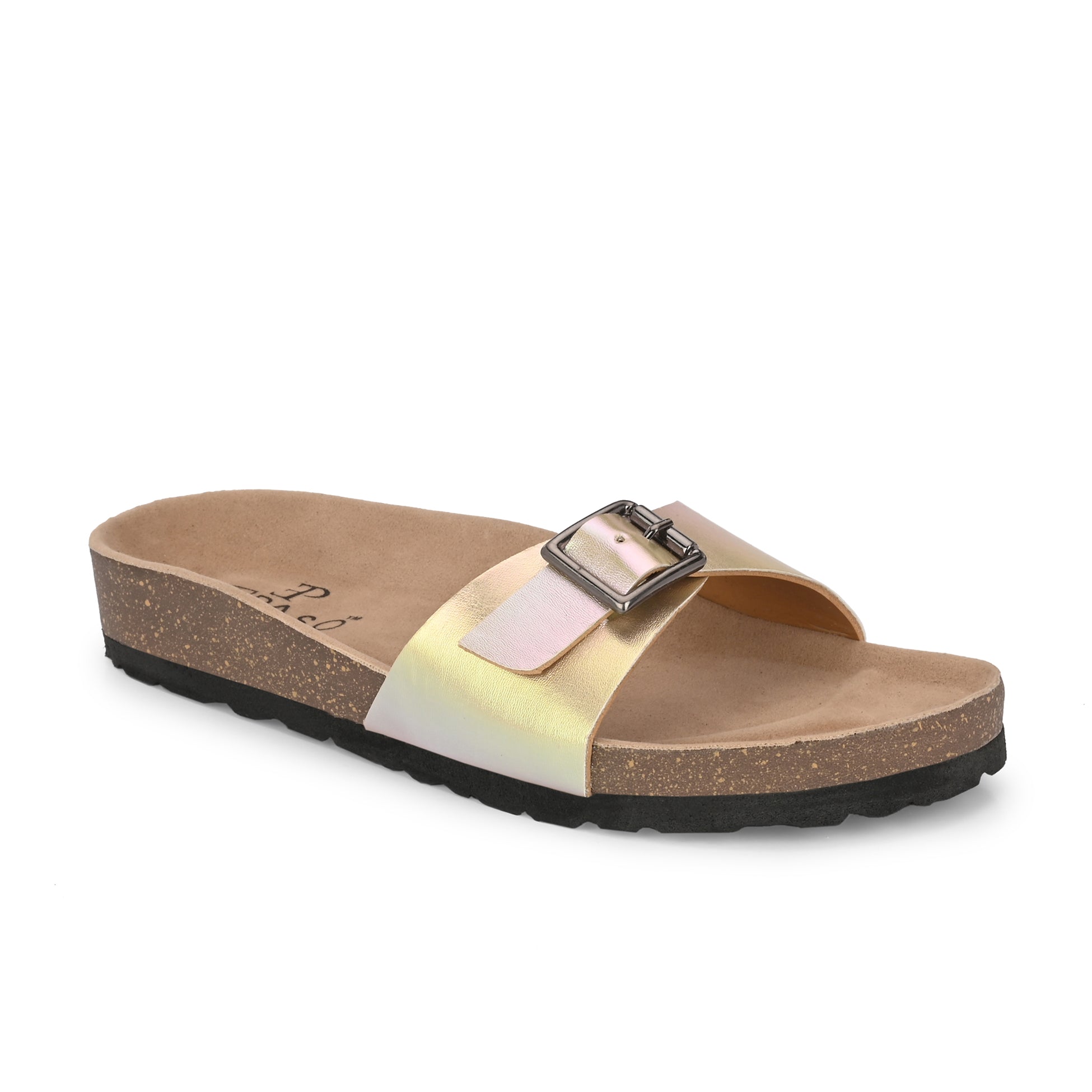 Comfort Platform for Women metallic slip-on sandals offer casual style and all-day comfort with a flat heel.