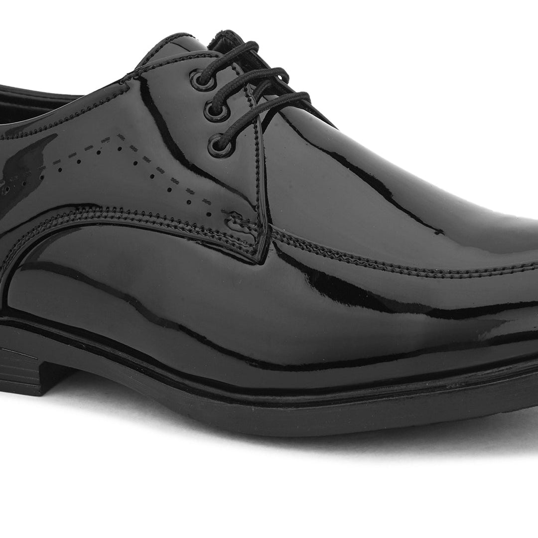 A pair of elegant men's black patent dress shoes, showcasing a sleek and polished design suitable for formal occasions.