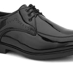 A pair of elegant men's black patent dress shoes, showcasing a sleek and polished design suitable for formal occasions.