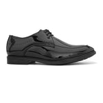 A pair of elegant men's black patent dress shoes, showcasing a sleek and polished design suitable for formal occasions.