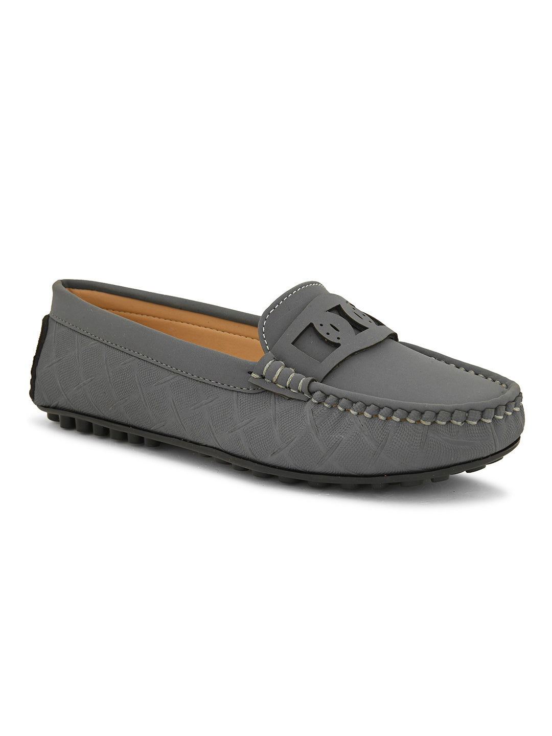 A gray loafer with textured stitching and a decorative strap across the top, viewed from the side.