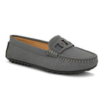 A gray loafer with textured stitching and a decorative strap across the top, viewed from the side.