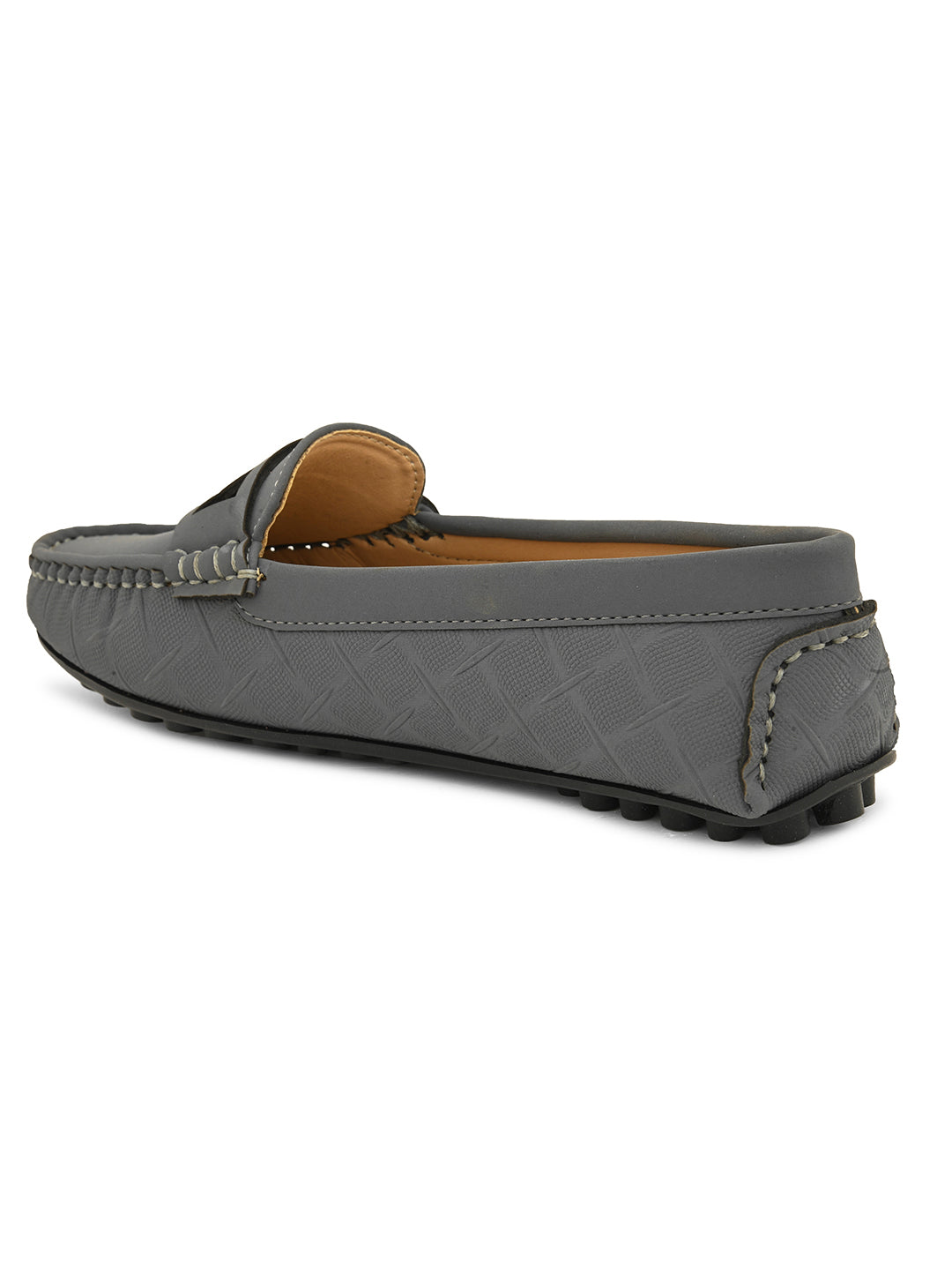 A gray loafer with textured stitching and a decorative strap across the top, viewed from the side.