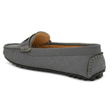A gray loafer with textured stitching and a decorative strap across the top, viewed from the side.