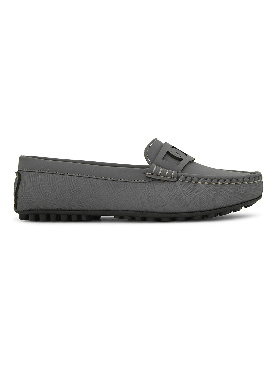 A gray loafer with textured stitching and a decorative strap across the top, viewed from the side.